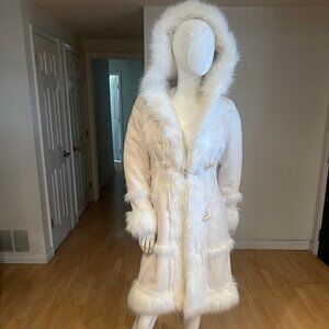 Y2K BEBE FAUX FUR MIDI HOODED COAT SIZE S SMALL WHITE